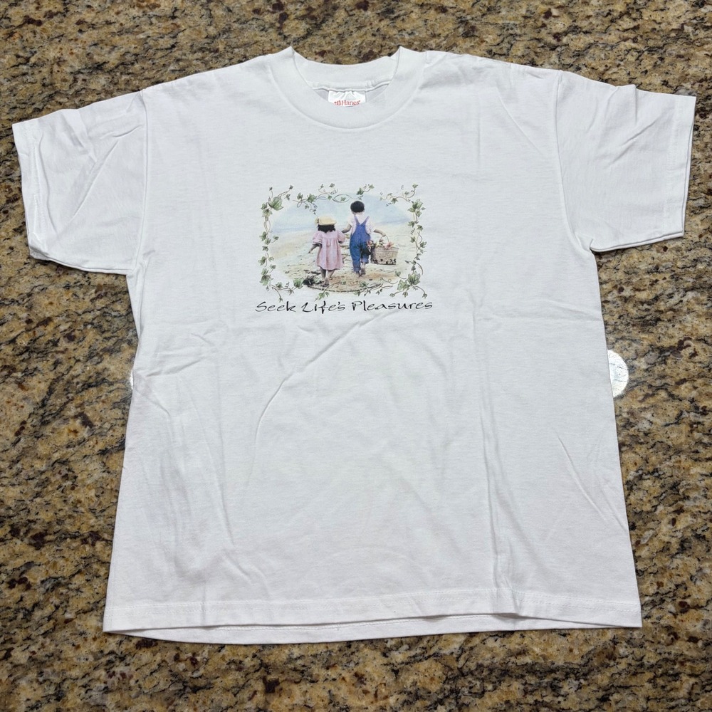 Vintage 1999 Hanes Virginia Dixon Seek Lifes Pleasures T-Shirt Youth L White v